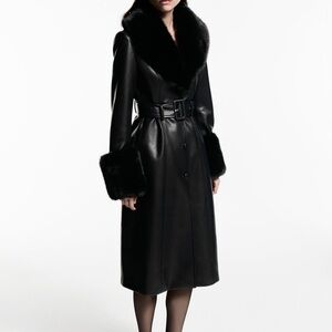 MANGO FAUX-LEATHER COAT WITH FUR-EFFECT TRIM